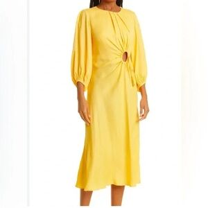 Farm Rio Piping Cutout Puff Sleeves Satin Midi Dress